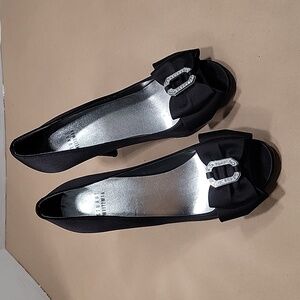 Stuart Weitzman Satin Black Peep Toe Heels with Bow with Rhinestones, Size 8.5M